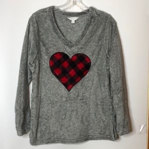 Charter Club Women's Red Heart Plaid Long Sleeve Fleece Stretch Top Size L Large